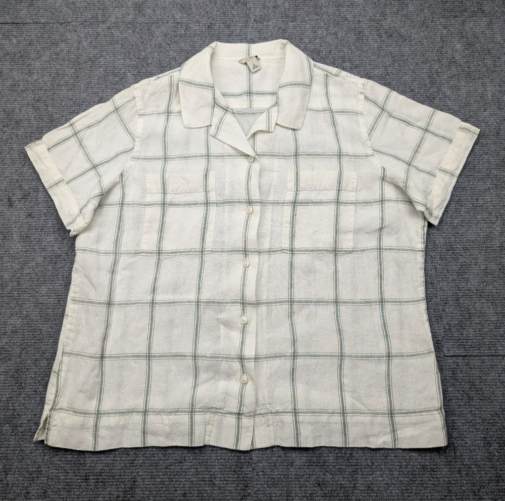 LL Bean Linen Button Up Shirt Womens Large Green Plaid Coastal Layer Preppy Camp